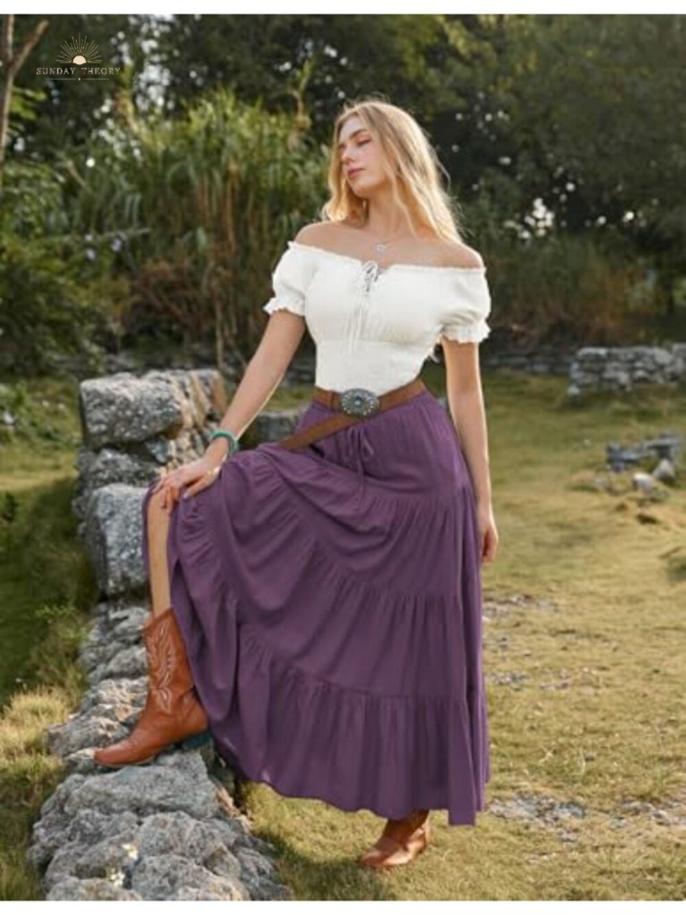 Tiered Renaissance Maxi Skirt Flowy Ankle Length Elastic Waist Side Pockets - Picture 4 of 6